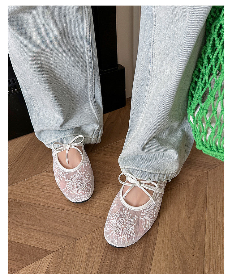 Karin Luna In Stock Spot Goods  Summer Breathable Retro Embroidered Bow Granny Shoes
