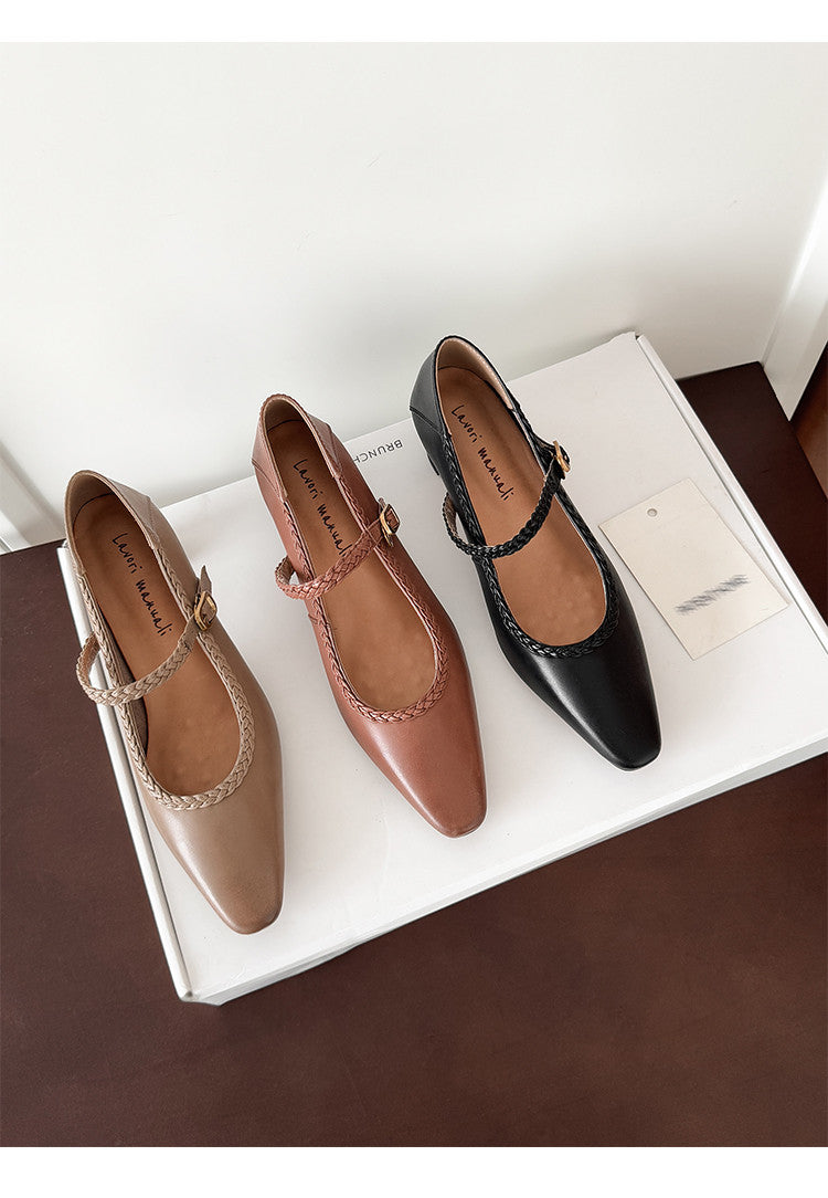Karin Luna Braided Element Design Chunky Heel Square Toe Single Strap Shoes