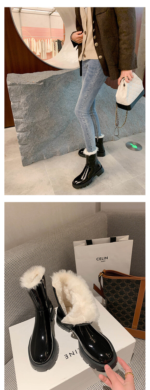 Karin Luna In Stock  Best-selling in stock Thickened Fleece Cow Patent Leather Hot-Selling Flat Short Boots