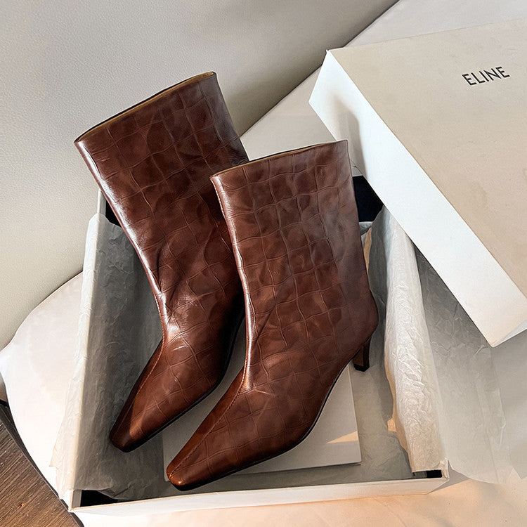 Karin Luna In Stock Spot Goods Top Layer Stone Pattern Cowhide Textured Small Square Toe Straight Short Boots