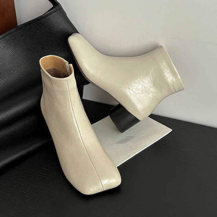 Karin Luna French Style Square Toe Chunky Heel Ankle Boots