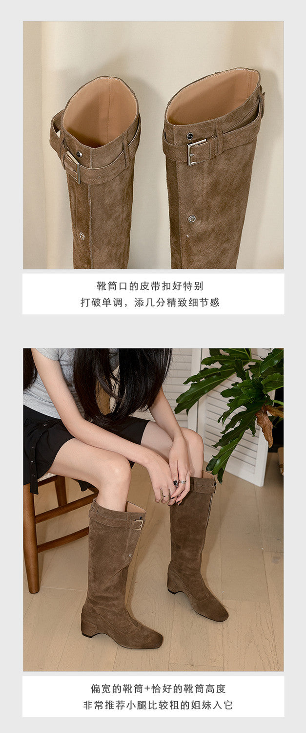 Karin Luna Belt Buckle Elegant Chunky Heel Suede Western Boots
