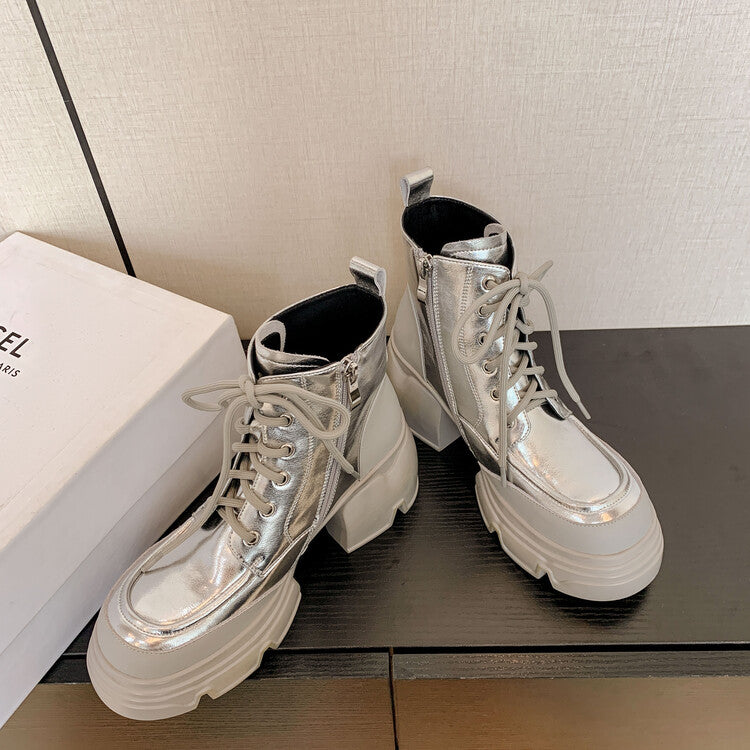 Karin Luna Casual Thick Sole Full Cowhide Lace-up Thick-soled Short Boots   Classic All-Matching