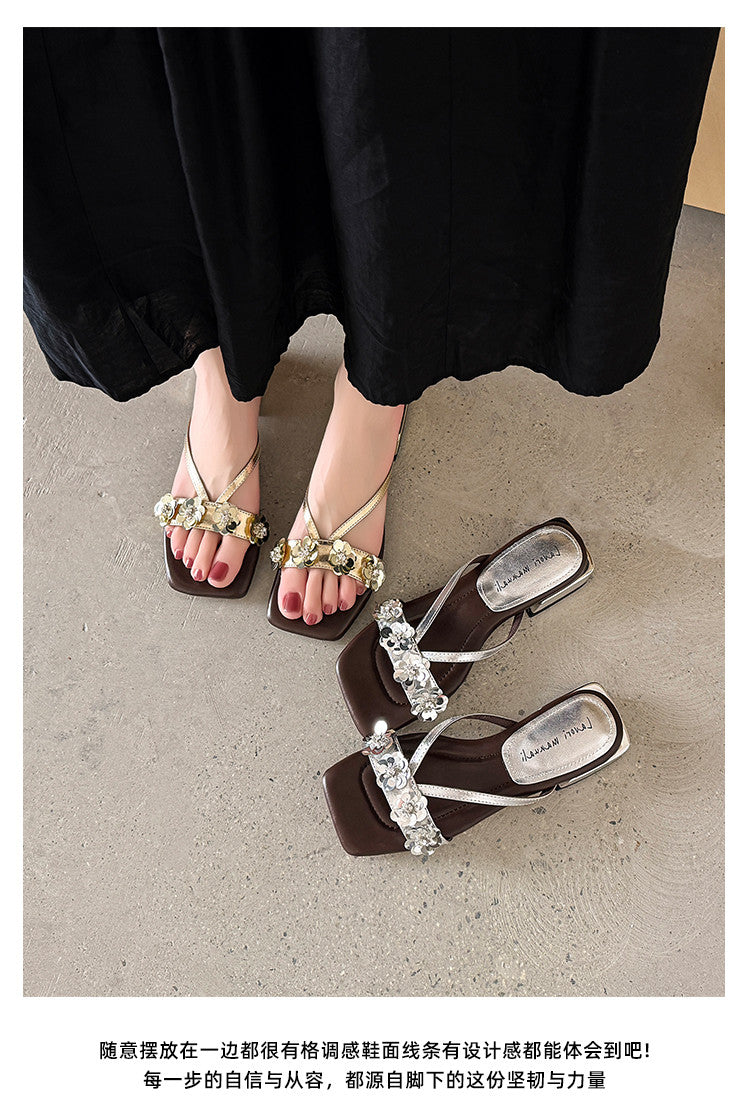 Karin Luna In Stock Spot Goods  One-Strap Sequin Floral Square-Toe Flat Slippers