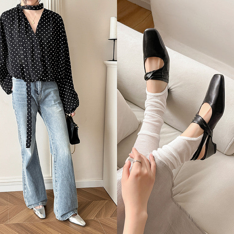 Karin Luna In Stock  Spot Goods Small Square Toe Wrinkled Chunky Heel Closed-Toe Sandals