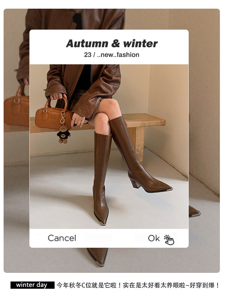 Karin Luna In Stock  In Stock Elegant Metal Pointed Toe Chunky Heel Full Cowhide Leather Riding Boots