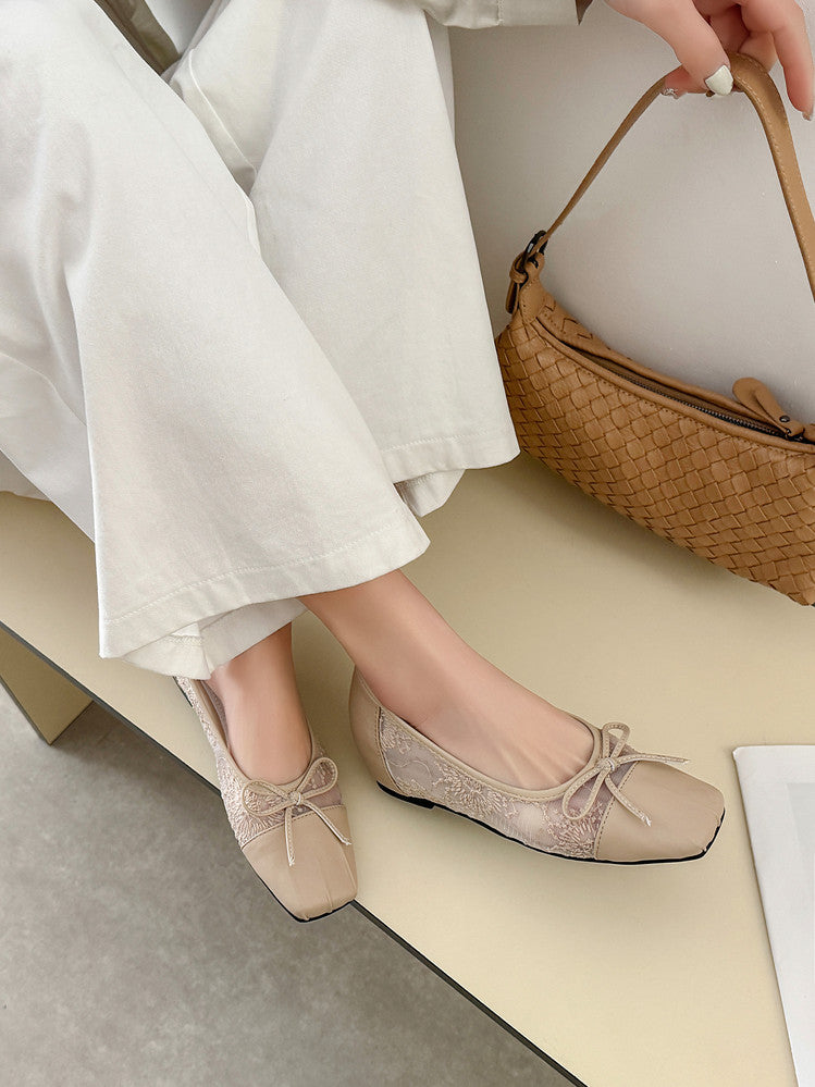 Karin Luna In Stock In Stock  Wrinkled Square Toe Patchwork Breathable Mesh Bow Granny Shoes