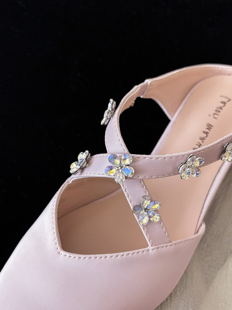 Karin Luna Elegant Pointed Toe Rhinestone Flower High Heel Mules