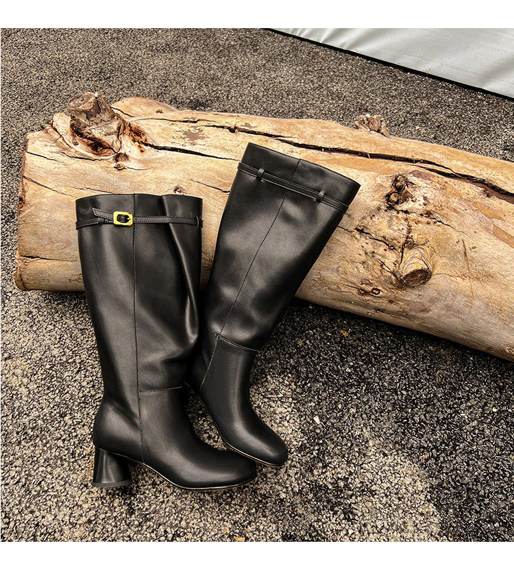 Karin Luna In Stock In Stock Mango Head Large Tube Belt Buckle Chunky Heel Long Boots