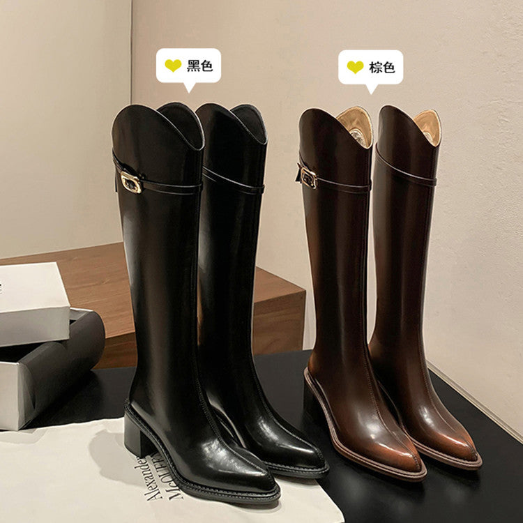 Karin Luna Classic Model In Stock Spot Goods  Elegant Belt Buckle Pointed Toe Chunky Heel Long Boots