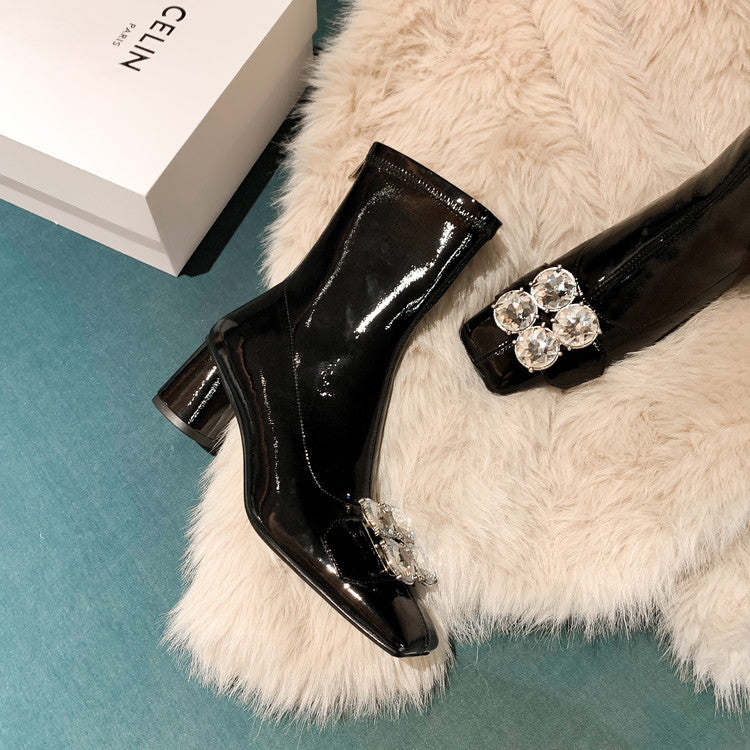 Karin Luna In Stock  Elegant Style Square Toe Rhinestone Chunky Heel Ankle Boots
