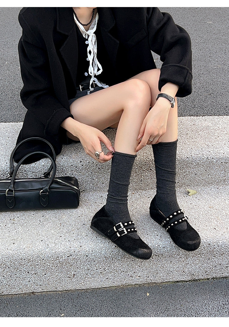 Karin Luna Hot Item Hot Item Punk Style One-Strap Round-Toe Suede Leather Height-Increasing Flats