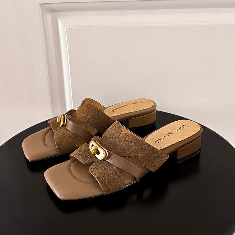 Karin Luna Comfortable Gold Buckle Square Toe Chunky Heel Casual Style Slippers