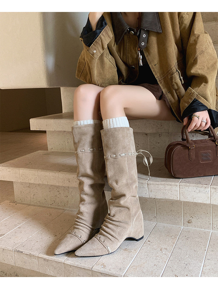 Karin Luna Elegant Style  Pointed Toe Pleated Hidden Wedge Western Boots