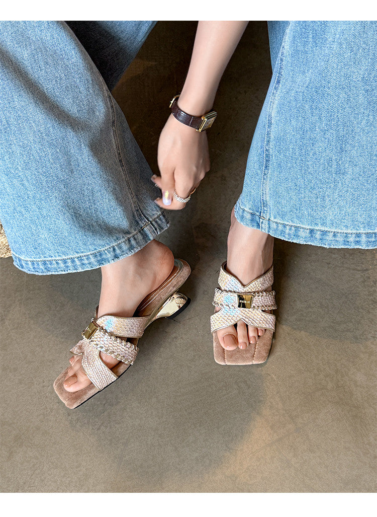 Karin Luna Fish Skin Series~ Hot-selling Square-Toe Slippers with Built-in Traffic