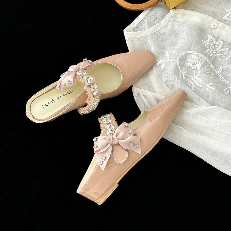 Karin Luna Handmade One-Strap Rhinestone Ribbon Square-Toe Mules