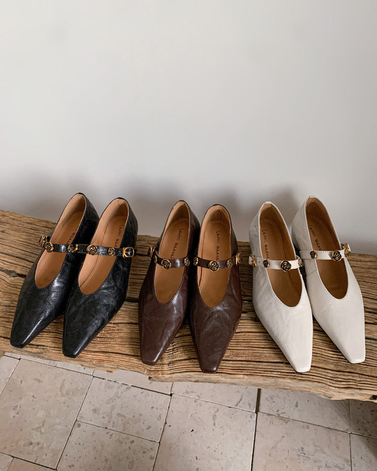 Karin Luna In Stock Spot Goods    Retro Classic Metal Camellia Irregular Heel Single Shoes
