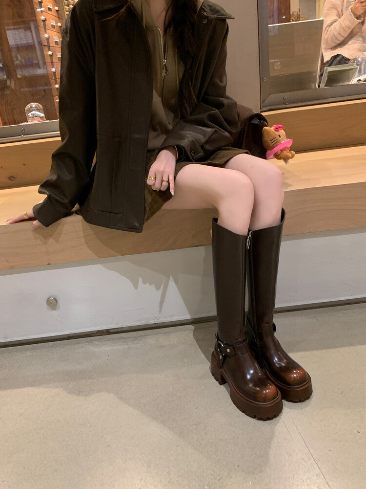 Karin Luna In Stock In Stock Slimming Diagonal Cut Tube Top  Best-selling in stock Retro Metal Buckle Thick-Soled Long Boots