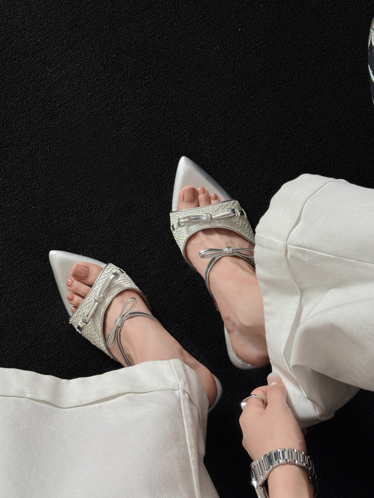 Karin Luna Fish Skin Series~Pointed Toe Irregular Heel Bowknot Strap Slippers