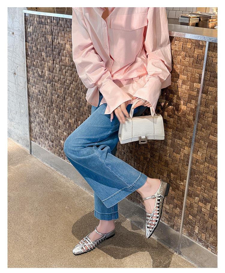 Karin Luna In Stock Spot Goods   French Retro Hollow Small Square Toe One-Strap Slippers