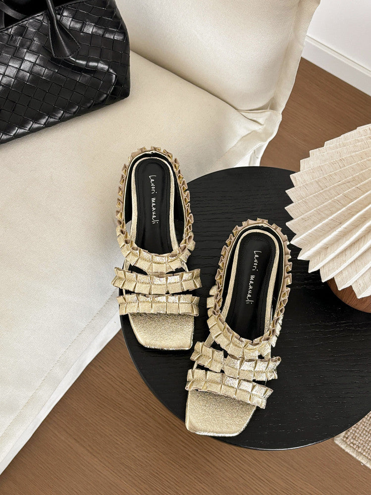 Karin Luna In Stock   Spot Goods  Niche Design Square-Toed Pleated Flat Slippers