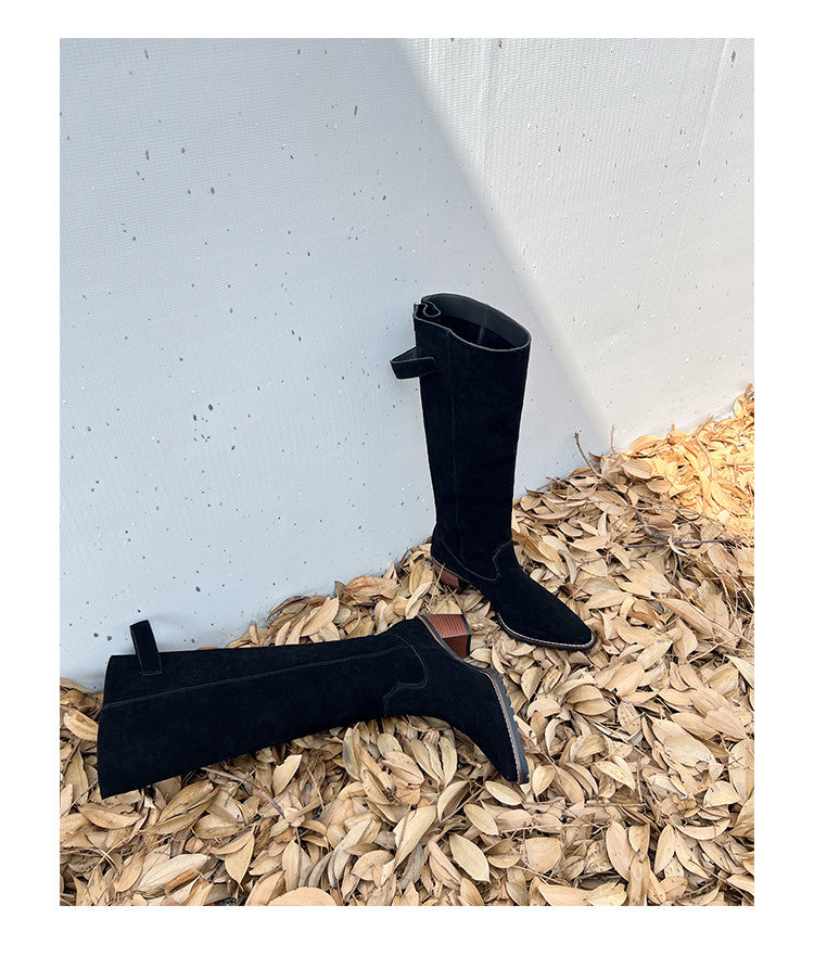 Karin Luna In Stock Spot Goods Retro Cowhide Leather Chunky Heel Suede Long Boots