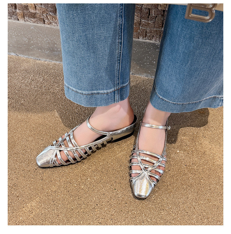 Karin Luna In Stock Spot Goods   French Retro Hollow Small Square Toe One-Strap Slippers