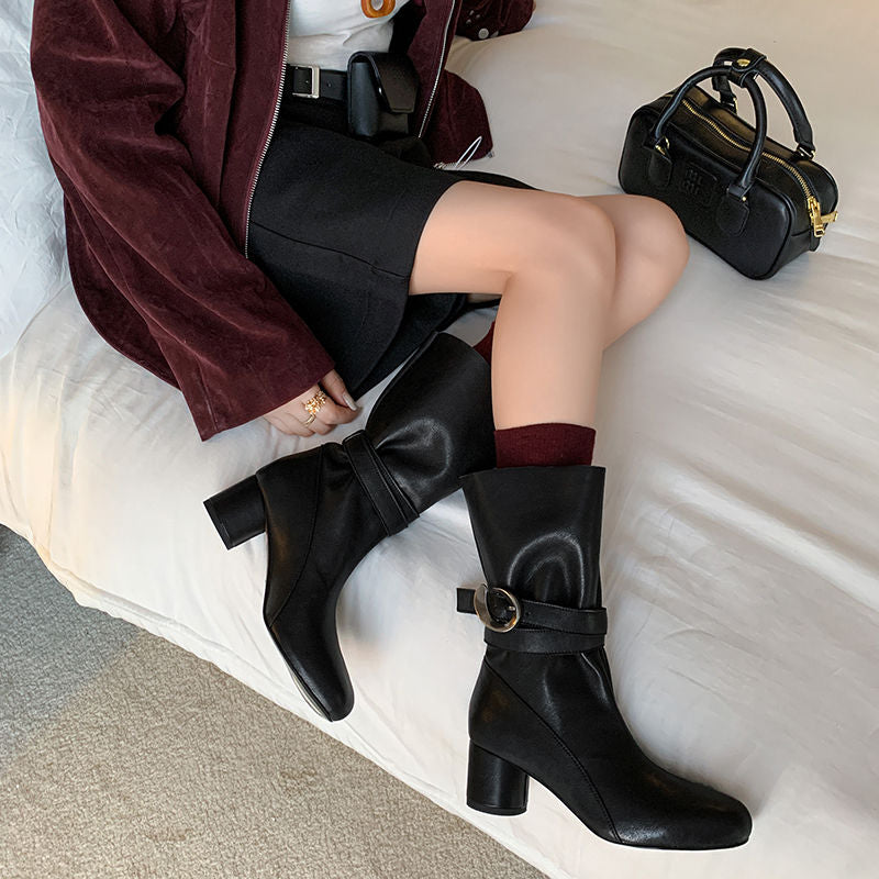 Karin Luna In Stock Spot Goods  Belt Buckle High Heel Large Tube Small Short Boots
