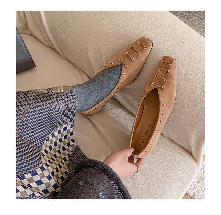 Karin Luna In Stock Spot Goods    Old Money Style Square Toe Suede Flats