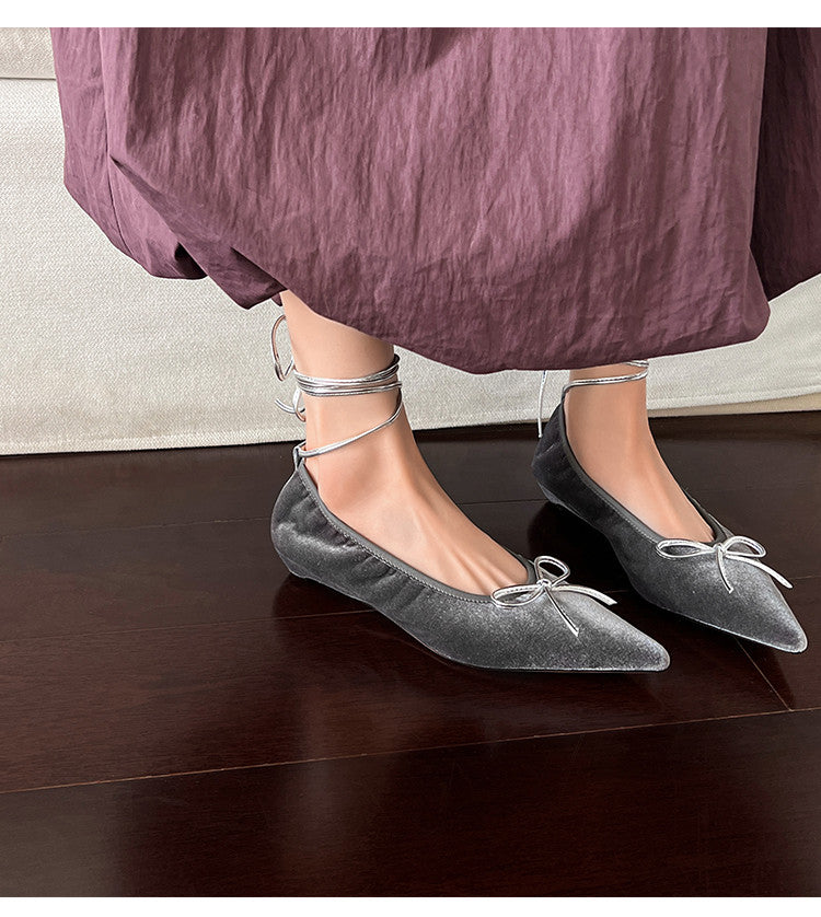 Karin Luna In Stock In Stock Retro Velvet Pointed Toe Bowknot Single Shoes