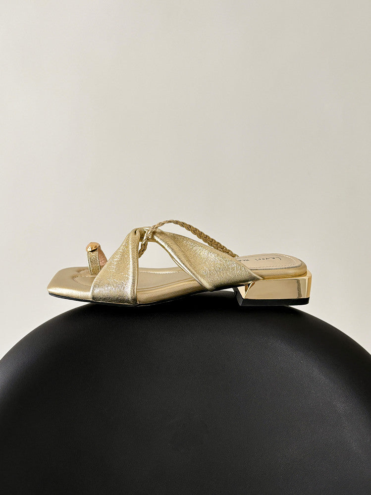 Karin Luna  Square Toe Braided Cross Thick Heel Flat Slippers
