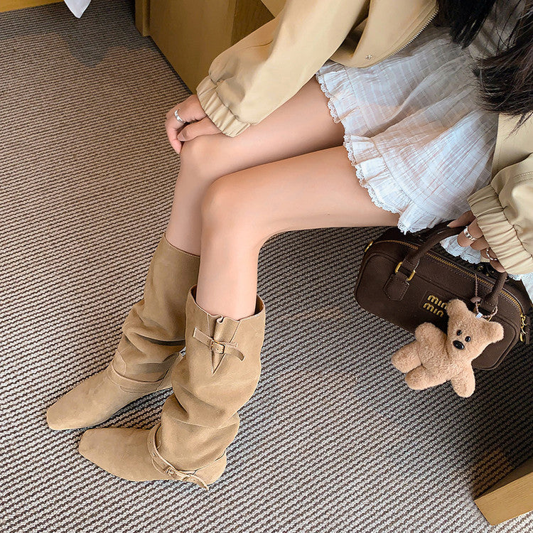 Karin Luna Data Model Belt Buckle Matte Square Toe Hidden Wedge Slouch Western Boots