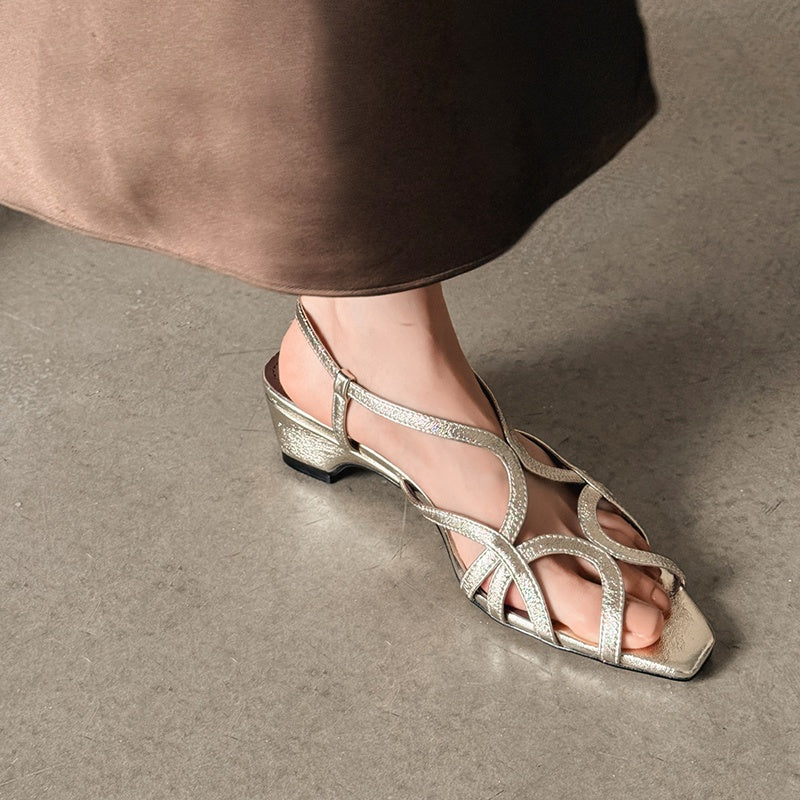 Karin Luna French Hollow Style Small Square Toe Chunky Heel Sandals
