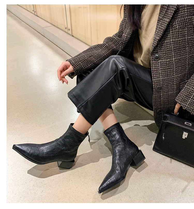 Karin Luna Elegant Style Pointed Toe Chunky Heel Short Boots
