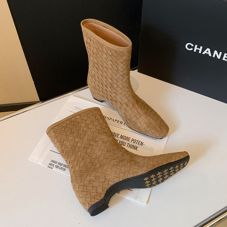 Karin Luna Handmade Woven Fabric Small Square Toe Hidden Heel Short Boots
