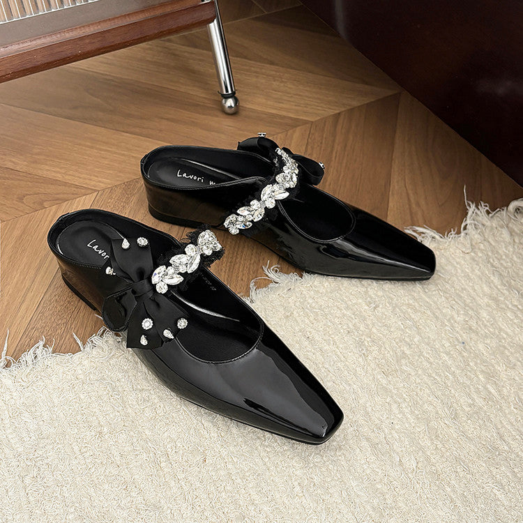 Karin Luna Handmade One-Strap Rhinestone Ribbon Square-Toe Mules