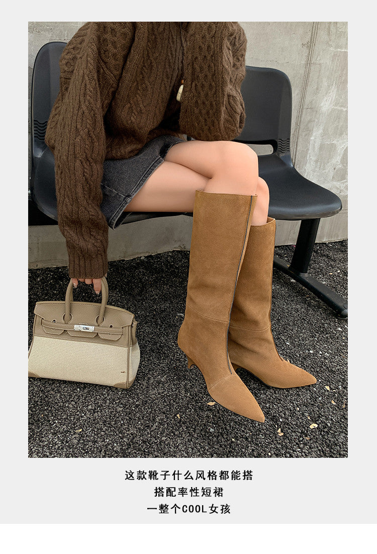 Karin Luna In Stock Spot Goods Retro Cowhide Pointed Toe Stiletto Elegant Long Boots