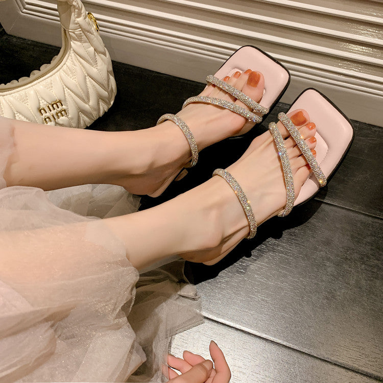 Karin Luna In Stock Spot Goods  Minimalist Versatile Square Toe Rhinestone Strap Open-Toe Sandals
