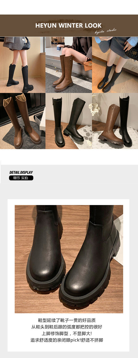 Karin Luna Hot-Selling In Stock   Basic Casual Hot-Selling Round-Toe Long Boots Full Cowhide Leather Long Boots Flat Bottom Hot Sale