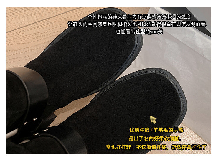 Karin Luna Genuine Lamb Wool and Cowhide Leather Hot-selling Metal Buckle Round Toe Chunky Heel Main Push Main Push