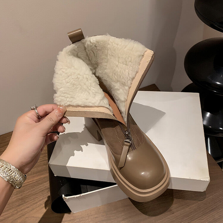 Karin Luna Basic Bestseller Timeless Thick Fur Lined Round Toe Thick Sole Cowhide Snow Boots