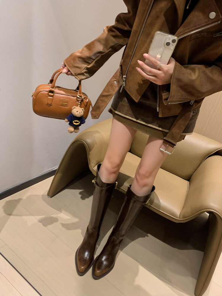 Karin Luna Hot-Selling Fasteners Sold as soon as listed Comes with data plan included Pointed Toe Chunky Heel Classic Full Cowhide Leather Riding Boots