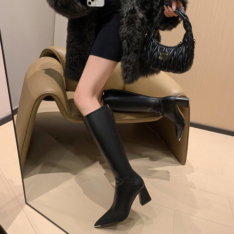 Karin Luna In Stock  In Stock Elegant Metal Pointed Toe Chunky Heel Full Cowhide Leather Riding Boots