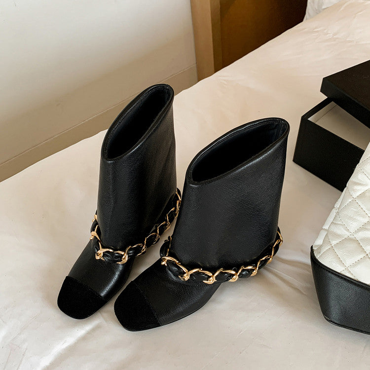 Karin Luna Classic Style Fragrant Family Style Chunky Heel Chain Ankle Boots
