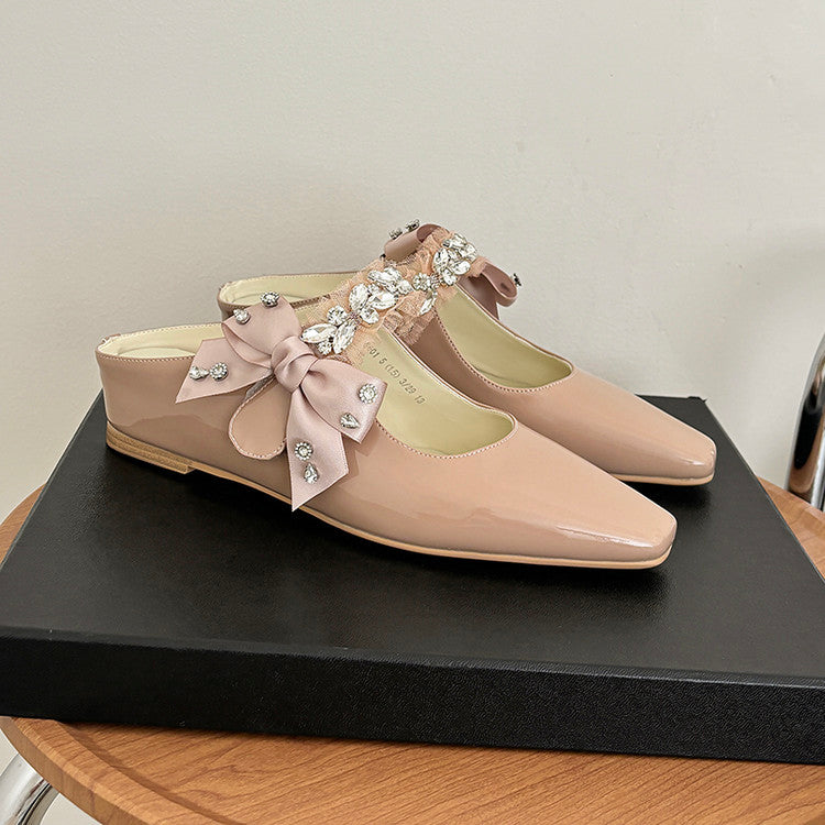 Karin Luna Handmade One-Strap Rhinestone Ribbon Square-Toe Mules