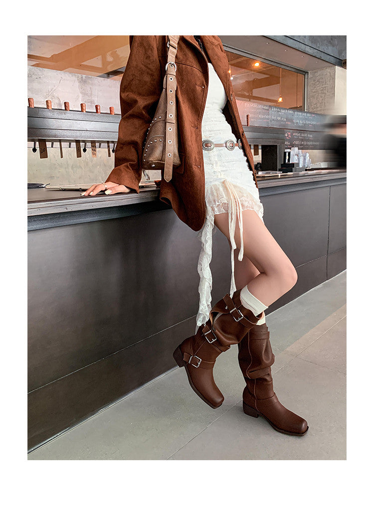 Karin Luna In Stock In Stock European and American Style Square Toe Thick Sole Belt Buckle Long Boots