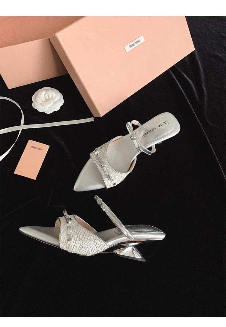 Karin Luna Fish Skin Series~Pointed Toe Irregular Heel Bowknot Strap Slippers