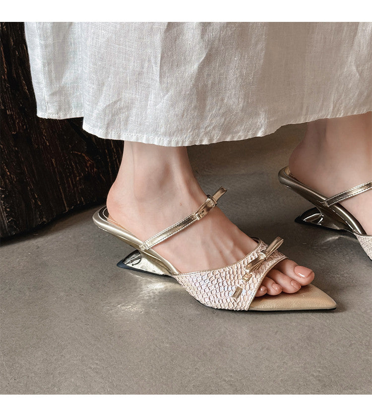 Karin Luna Fish Skin Series~Pointed Toe Irregular Heel Bowknot Strap Slippers