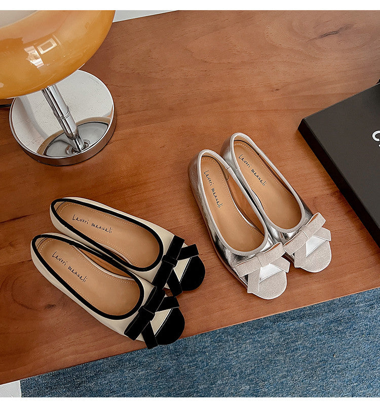 Karin Luna In Stock Spot Goods    Color Block Sweet Bowknot Hidden Wedge Shallow Mouth Flats