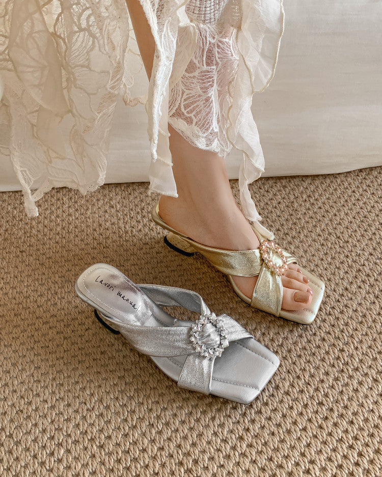 Karin Luna In Stock In Stock Elegant Square-Toe Cross-Strap Rhinestone Square-Toe Slippers